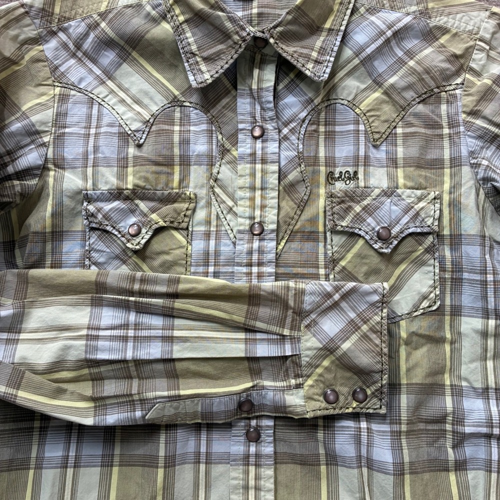 Cruel Girl Womens Western Snap Shirt Plaid Green Tan Long Sleeve Cowgirl M - Picture 10 of 12